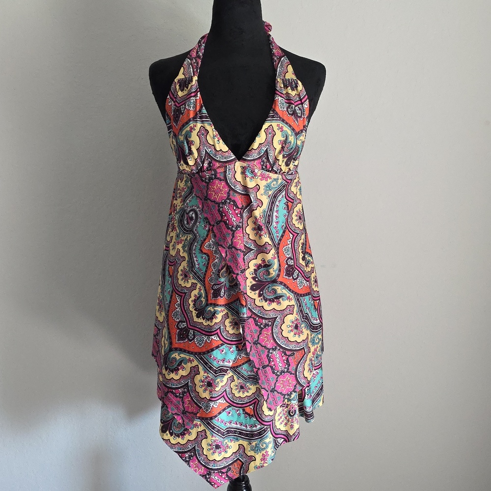 BECCA Pink and Orange Asymmetrical Tie Front Tank Top